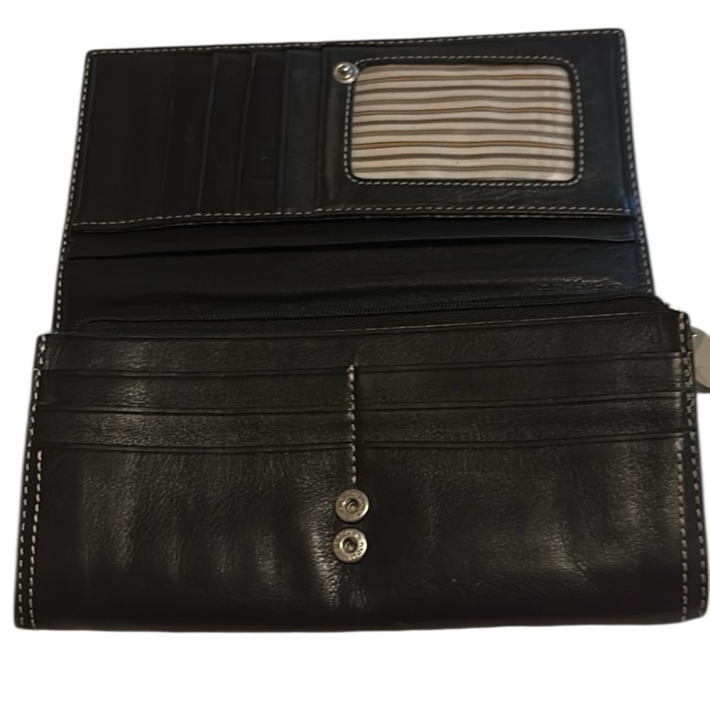 Leather bifold wallet, black , stripe lining, 7x3.5x1